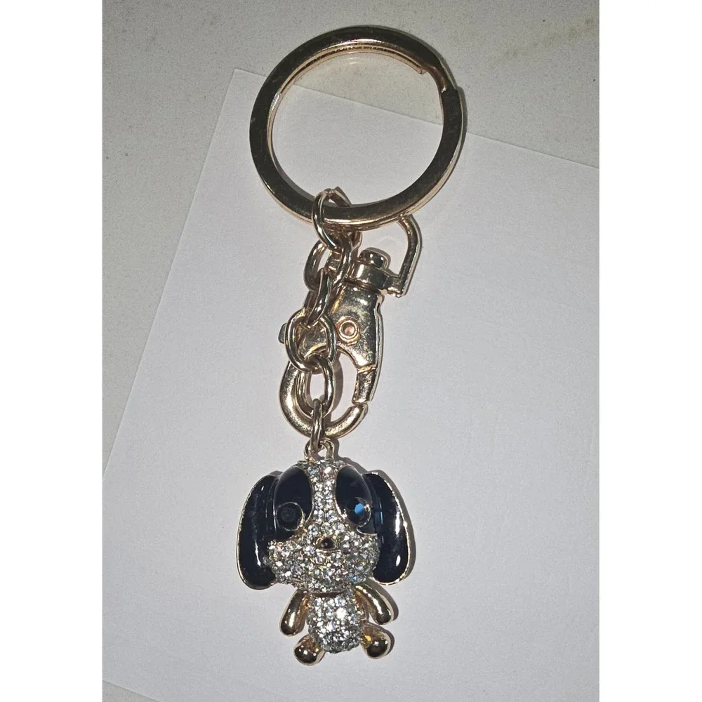 Rhinestone Puppy Dog Keychain Bag Charm Rose Gold Tone Black Enamel Articulated